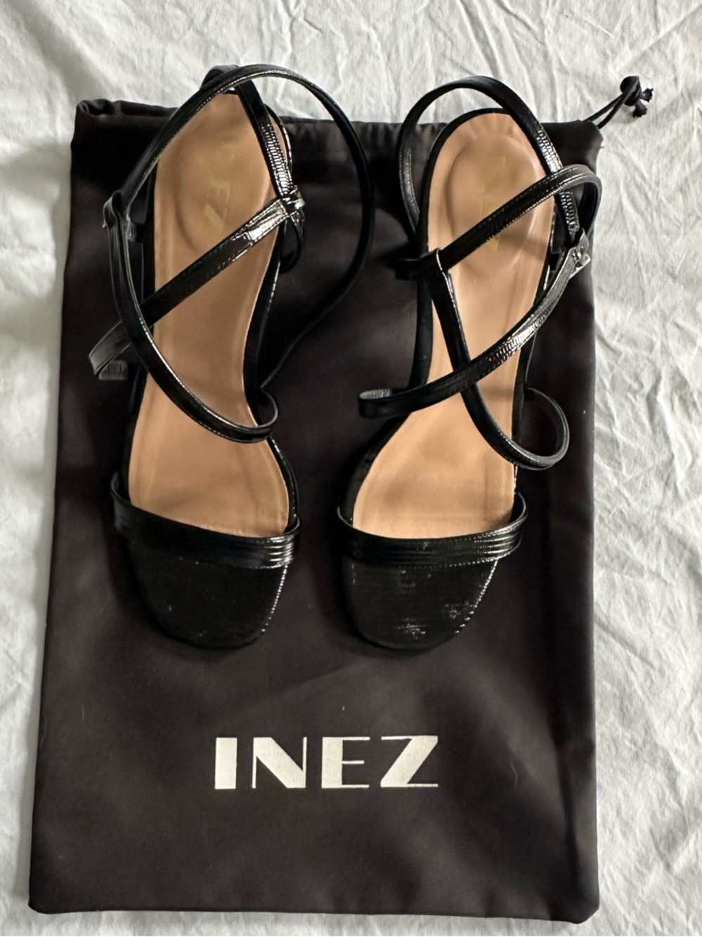 INEZ Selena Heeled Sandals in Black Lizard Embossed Leather - Picture 5 of 7